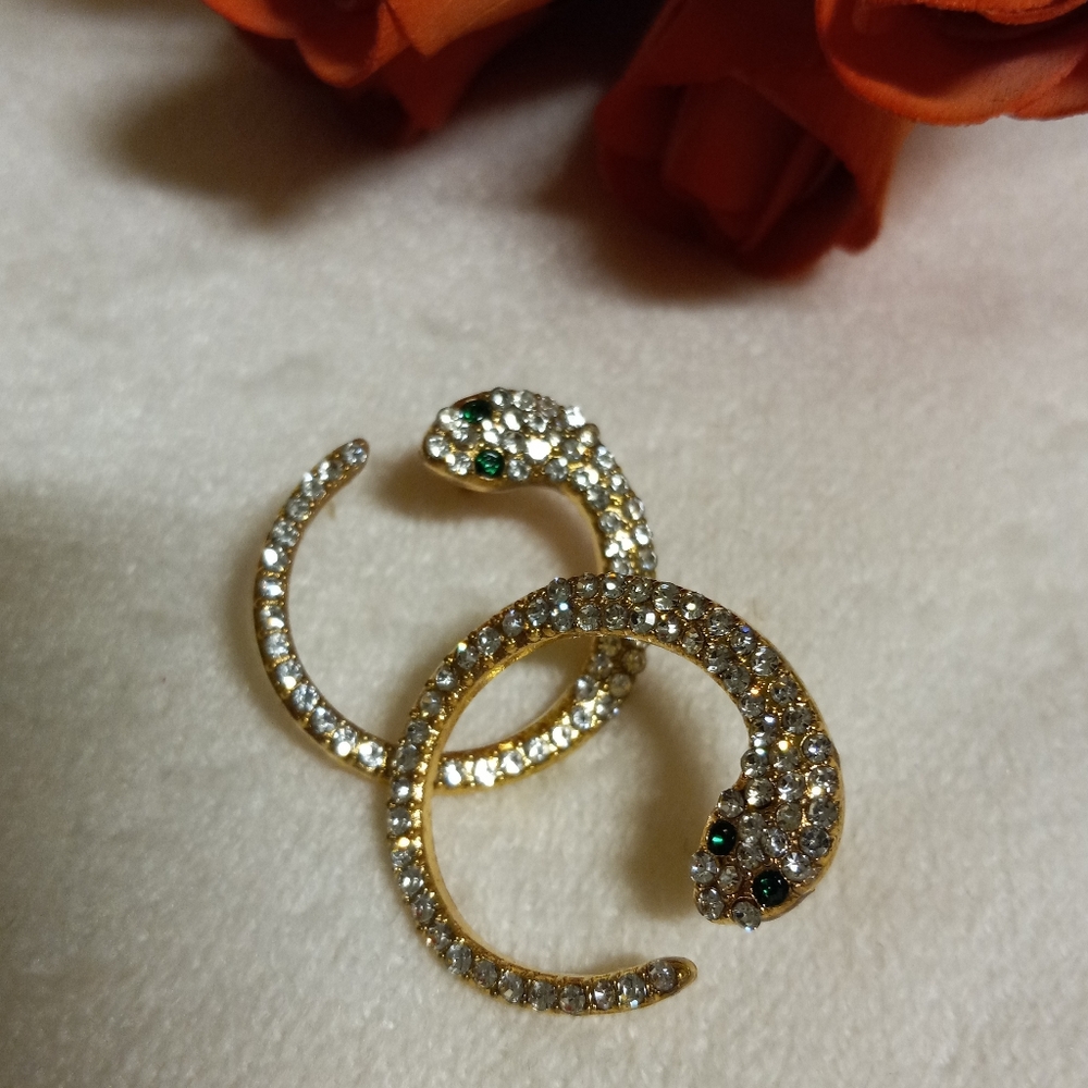 Silver & Green Eye Rhinestone Snake Circle HOOP Stud Earrings Stylish Statement